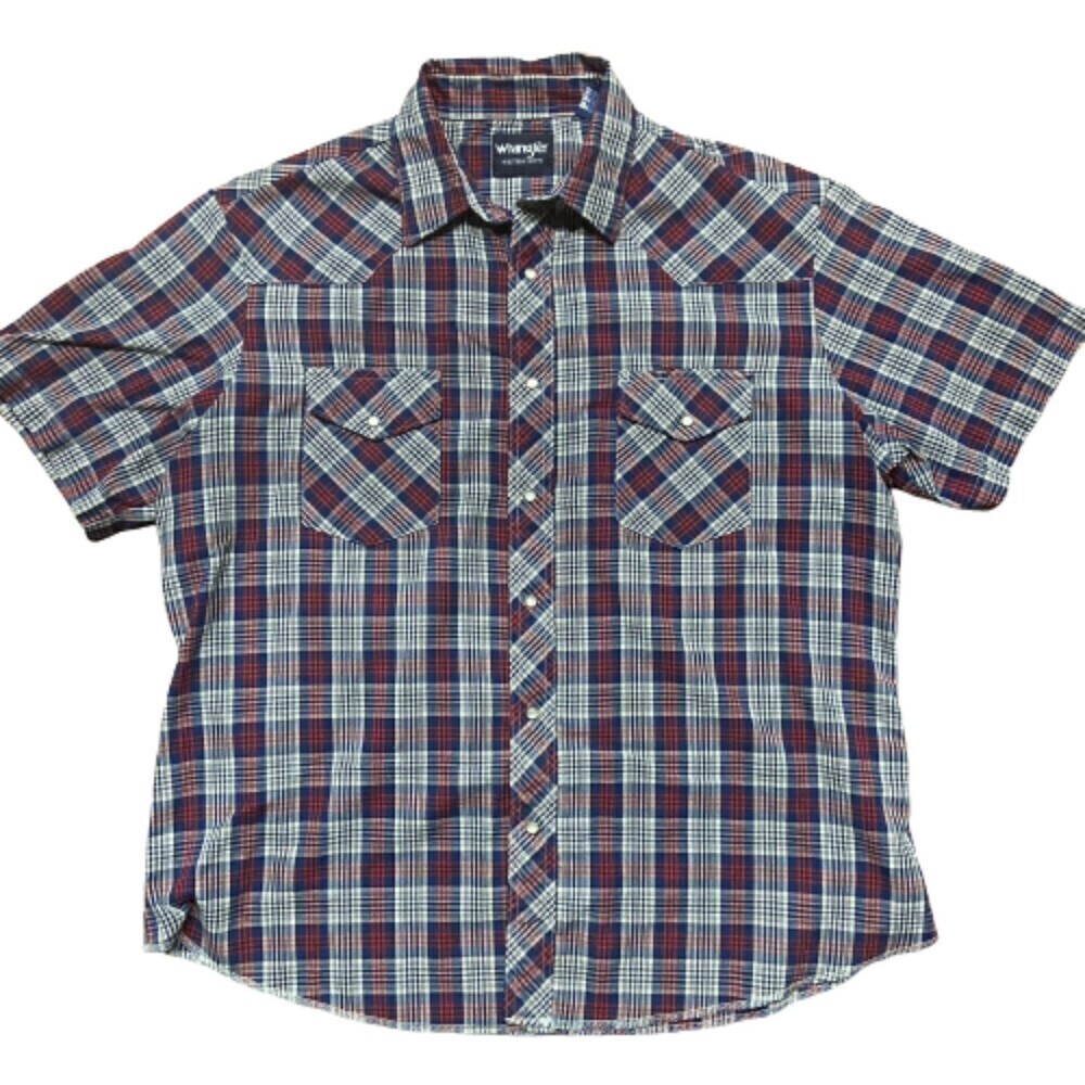 Wrangler Western Pearl Snap Plaid Red Blue Short Sleeve Shirt Men's Size XL